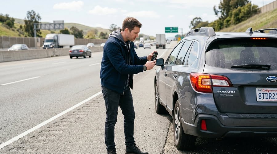 a person taking picture of car damage after an accident